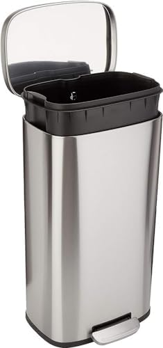 Amazon Basics brushed stainless steel rectangular pedal kitchen bin with steel bag bar