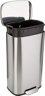 Amazon Basics MEDIUM Trash Can, 7.9 Gallon (30L), Smudge Resistant Rectangular Bin with Soft-Close Lid, Step Foot Pedal, Removable Inner Bucket, Brushed Stainless Steel, Satin Nickel Finish