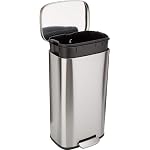 Amazon Basics Smudge Resistant Rectangular Trash Can With Soft-Close Foot Pedal, Brushed Stainless Steel, 30L/7.9 Gal, 13.8x11.8x25 in, Satin Nickel Finish