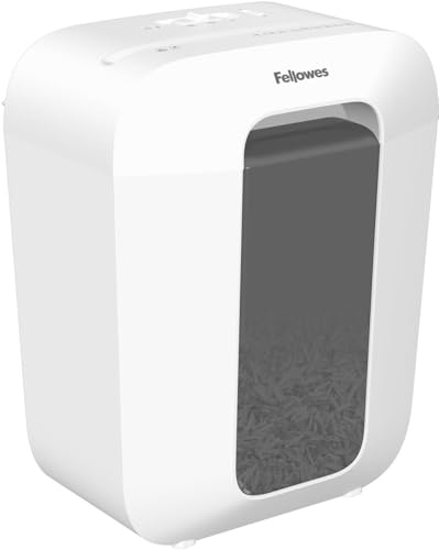 Fellowes Niszczarka do dokumentów, 9 arkuszy (P4), niszczarka papieru z cięciem cząstek do domowego biura, Powershred LX50, niszczarka z koszem 17 l i blokadą bezpieczeństwa, seria LX Design, biała