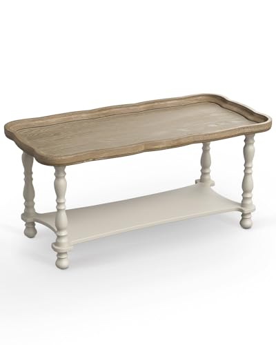 Vonluce FCSCSB2 French Country Farmhouse Coffee Table,40'' Farmhouse Rustic Unfinished Wood Tray Top Vintage Coffee Table For Living Room Dining Room Bedroom Beige thumb #8