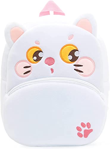 Image of Blue Tree Cute Boy's and Girl's Plush Bag Medium Quality Full Embroidery Designs Mini Travel Backpack Mango (Mango-White cat)