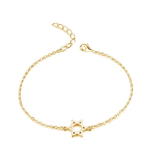 MANZHEN Gold Silver Jewish Star of David Bracelet Stainless Steel Dainty 14K Real Gold Plated Charm Bracelet for Women (gold)