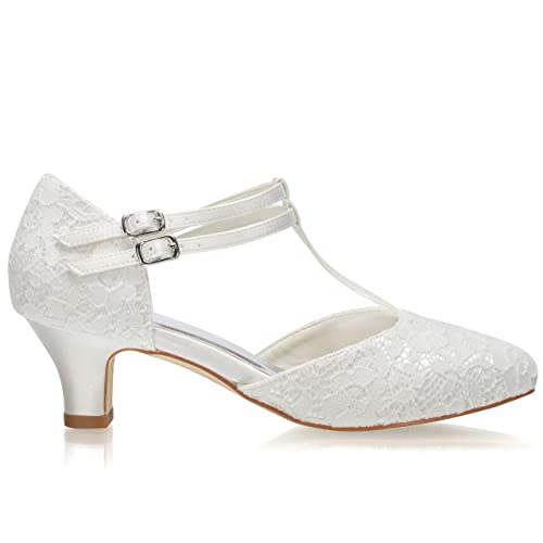 JIAJIA 00968 Women's Bridal Shoes Closed Toe T-Strap 1.9" Block Low Heel Lace Satin Pumps Wedding Shoes3