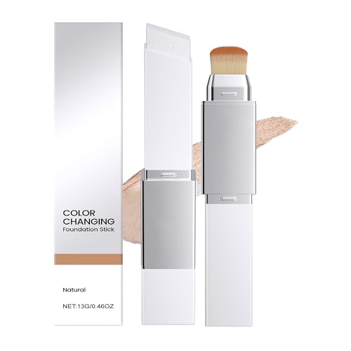 Color Changing Foundation Stick - 2-in-1 with Detachable Brush, Hydrating Concealer Base Makeup, Portable for Daily Use (Natural, 13g)