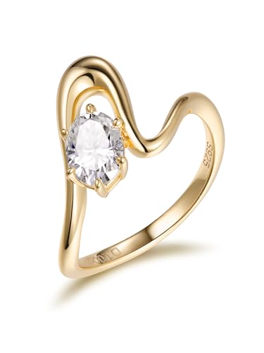 1 Carat Oval Cut Moissanite Novelty Wave Ring for Women, 925 Sterling Silver with 18K Yellow Gold Plated, Wedding Engagement Promise Aniversary Ring, Birthday Valentines Mothers Day Ideal Gift for Her