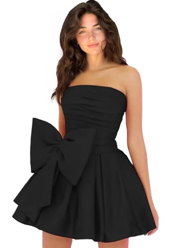 Strapless Ruffle Satin Homecoming Dresses with Bow for Teens Short A-Line Prom Dress Mini Cocktail Party Gowns for Juniors