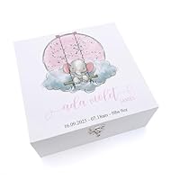 ukgiftstoreonline Personalized White Wooden Memory Box, Baby Girl Keepsake Storage Box with Elephant Swing Design, Medium 20x20x8cm or Large 30x30x10cm (Medium)