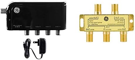 GE 4-Way TV Antenna Amplifier Splitter 34479 & Digital 4-Way Coaxial Cable Splitter, 2.5 GHz 5-2500 MHz, RG6 Compatible, Works with HD TV, Satellite, High Speed Internet, Amplifier, 33527