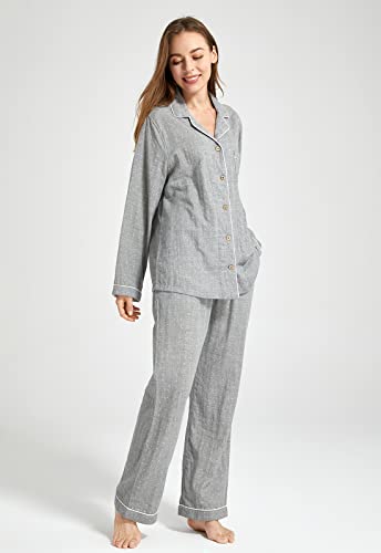Image of Womens Muslin Pajama Set 100% Cotton Double Gauze Linen Like | Breathable Soft Comfort Button Up Loungewear Sleepwear PJ Set