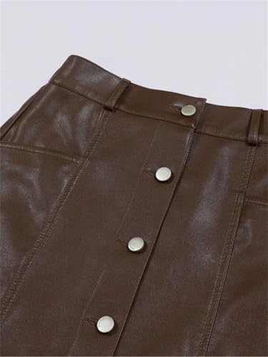 Rfmfkkg Women Pu Leather A-Line Skirt Elasitc Waist Button Decorative Elegant Office Lady Skirt Mid-Calf4