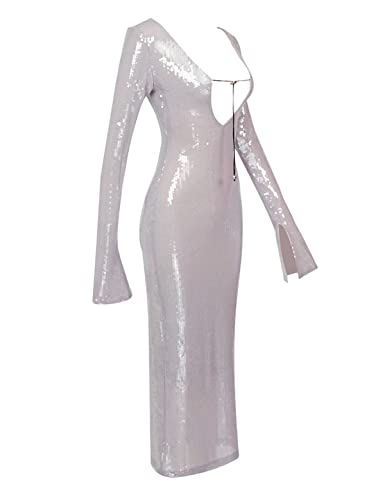 Image of Women's V Neck Long Sleeve Glitter Sequins Mermaid Evening Gown Dress
