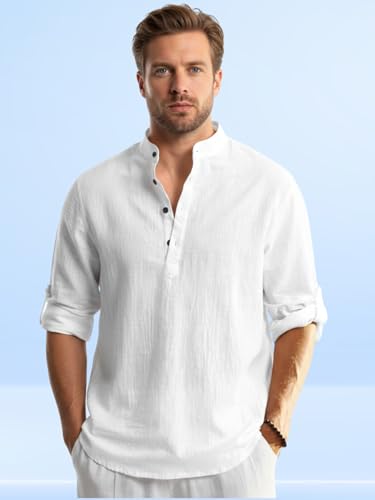 Image of Men's Cotton Blend Straight Kurta Shirt with Mandarin Collar - Slim Fit Casual Short Kurti Featuring Textured Slub Fabric and Roll-Up Full Sleeves