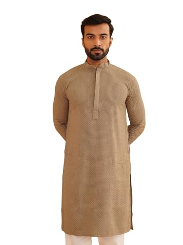 Image of Sojanya (Since 1958 Men'S Geometric Embroidered Thread Work Cotton Straight Long Kurta