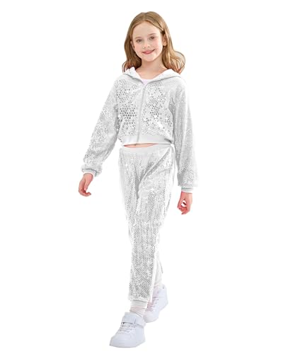 Image of LOLANTA 2Pcs Girls Dance Outfits Cropped Sequin Jacket Pants Set, Kids Hip Hop Dance Costumes for 80s 90s Party 5-15 Years