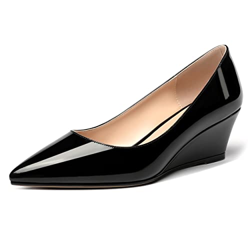 MERRORI Women's Black Solid Slip On Pointed Toe Patent Low Heel Wedge 2 Inch Pumps Shoes Size 9.5 - Ropa Y Zapatos para Mujer