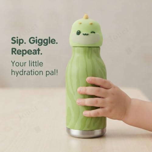 Image of JOUET 450ml Stainless Steel Kids Water Bottle with Cute Dinosaur Character Lid, Leakproof Drinking Bottle for School, Travel, Sports & Everyday Use