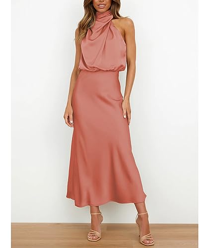 Image of Sexyshine Women's Elegant Halter Tie Neck Sleeveless Satin Long Dress Backless Split Cocktail Party Formal Wedding Maxi Dress