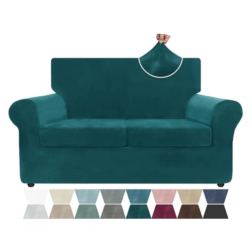 ZNSAYOTX Luxury Velvet Sofa Cover 3 Piece (57"-70") Stretch Loveseat Covers for 2 Cushion Couch Thick Soft Couch Slipcover with Non Slip Strap, Dog Pet Friendly Nice Furniture Protector (Deap Teal)