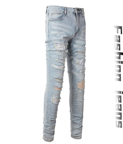 Jeans Pants Trouser Denim Ripped Distressed Hole Stretch Slim Fit Light Blue Retro Zircon Trendy Street Casual Straight Small Leg for Men(Light Blue,29)3