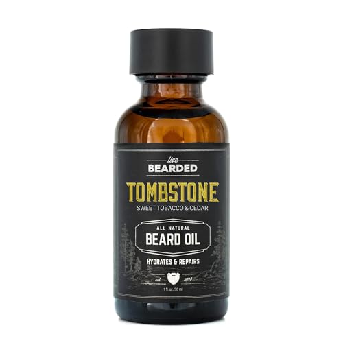Live Bearded Beard Oil, 1 fl oz - Premium All-Natural Jojoba - Made in the USA - Hair and Skin Care for Men with Dry, Flaky Patches | Tombstone Scent - Sweet Tobacco, Cedar