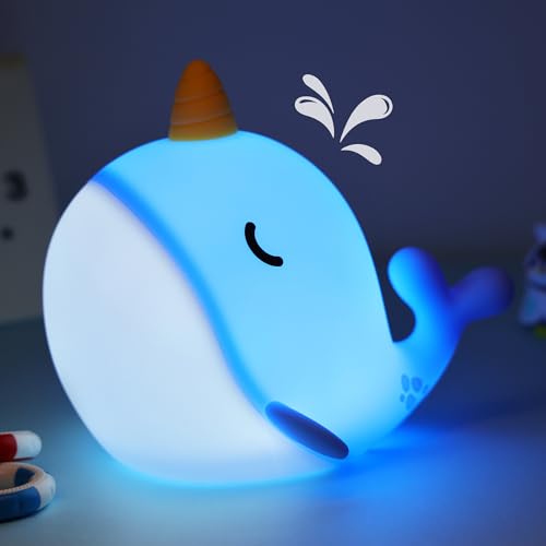 Image of Whale Night Light, Narwhal Ocean Squishy Silicone Lamp with Dimmable & 30 Mins Auto-Off, Rechargeable Baby Nursery Kids Room Decor, Cute Gifts for Boy Girl Birthday Xmas