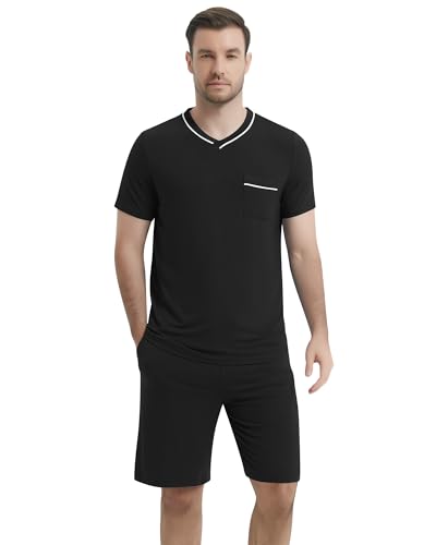 Image of NACHILA Pajamas Set for Men-Viscose Made from Bamboo, Short Sleeve Sleepwear Cool Pjs with Shorts Pants Soft Loungewear