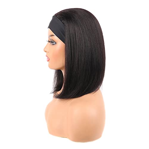 Huarisi 10a Headband Wigs Bob Human Hair 12 Inch Short Straight Headband Bob Wigs Remy Hair Bob Wig Blunt Cut without Bangs None Lace for Black Women Natural Colour - Image 4