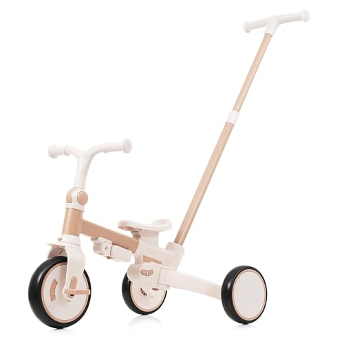 Image of 7 in 1 Baby Tricycle, Foldable Toddler Tricycle with Removable and Adjustable Parent Handle, Toddler Push Bike with Removable Pedal, Canopy, and Guardrail, Tricycle for 12-72 Months (Light Brown)