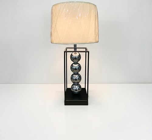 Image of Luxury Modern Table Lamp with Silver Spherical Accents - Contemporary Metal Frame Bedside Light for Living Room, Bedroom & Office - Textured Fabric Drum Shade (Antique Silver & Charcoal)