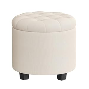 SONGMICS Round Ottoman, Ottoman with Storage, 17.7 x 17.7 x 17.5 Inches, Foot Rest with Legs, Linen-Look Fabric, Load up to 330 lb, for Living Room, Bedroom, Light Beige ULOM011W01