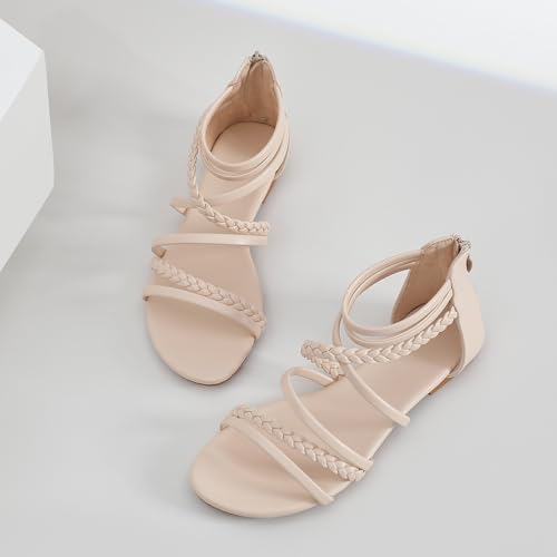 Image of youngshow Women's Braided Strappy Sandals - Open Toe Dressy Gladiator Flat Sandals with Back Zipper, Casual Summer Beach Shoes