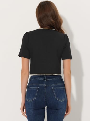 Allegra K Tweed Jacket for Women's Cropped Collarless Contrast Trim Short Sleeve Blazer3