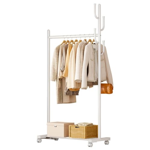 Perchero de metal independiente con 4 ganchos y ruedas para organizar fácilmente la ropa en el pasillo, dormitorio y oficina (blanco)