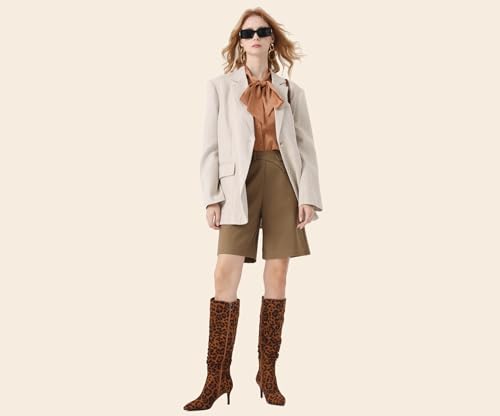 Women's Mid-High Stiletto 3ins Heel Pointed Toe Footwears Side Zipper Pleated Wrinkled Shaft Shoes Soft Comfortable Leopard Suede Leather Sexy Long Thigh High Boots and Fashion Tall Knee High Booties4