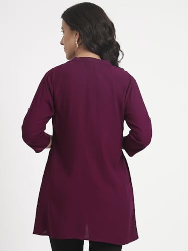 Image of Women's Roll-Up Sleeve Tunic Top, V-Neck with Button Front, Side Pockets, Rayon Short Kurti