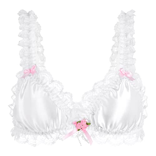 Satini Sissy Frilly Lace Fitted Satin Bralette (White, M)