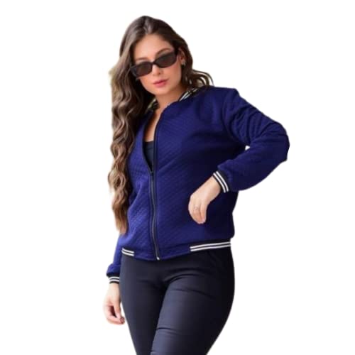 Jaqueta Feminina Bomber BlusadeFrio com Ziper Inverno Casaco Cor:Azul Marinho;Tamanho:G