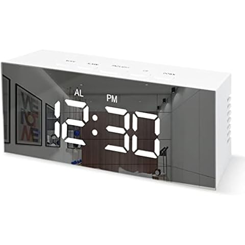 NJDT Digital Mirror Alarm LED Bedside Clock Portable with Temperature, Snooze,voice Control,Snooze, 12/24Hr,Non Ticking,3 Levels Adjustable Brightness Dimmer USB Charging Port Battery Powered, White Cover