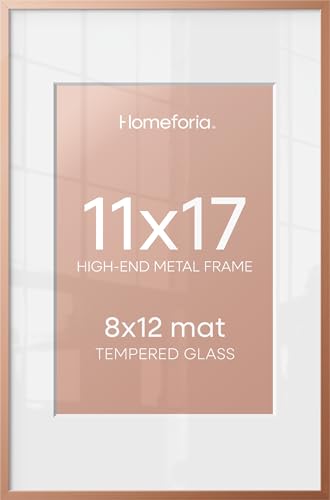 Image of Homeforia 11x17 Picture Frame Rose Gold, High End Metal 11x17 Poster Frames with Mat 8x12 Photo, 11 x 17 Rose Gold Frames Matted to 8 by 12 Print, 17x11 Thin Frames, Tempered Glass, Wall Kit, Set of 1
