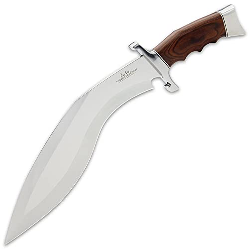 Gil Hibben Kukri Fighter Knife and Leather Belt Sheath - 5Cr15MoV Steel Blade, Pakkawood Handle, Chrome-Plated Metal Guard And Pommel, Use for Outdoor Adventures, For Bushcrafting - Length 17 3/8”