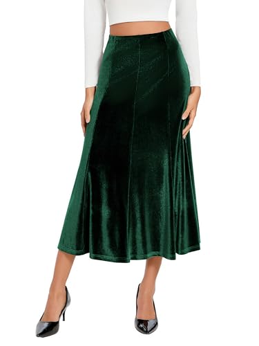 Urban CoCo Womens Elegant Vintage Velvet Long Midi Skirt High Waist A-Line Skirts(Green M)