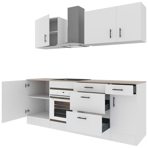 Arreditaly Cucina Componibile Completa Da 220 Cm Moderna Salvaspazio con Cassetti Ammortizzati Piedini Regolabili Moduli Pensili Facile Da Installare Bianco Lucido e Rovere