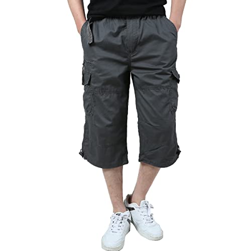 Aotoyou Shorts et Bermudas Cargo Homme 100% Coton Pantacourt Été Short Long Homme Taille Elastique avec Poches, Gris XL