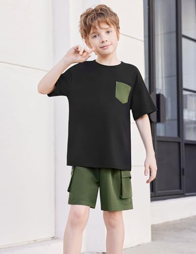 Image of Arshiner Boys' 2-Piece Cotton Outfit Short Sleeve Crewneck T-Shirt & Cargo Shorts Set Summer Casual Clothes for Kids 5-13