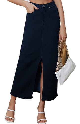 Women's Vintage Denim Long Skirt A-Line High Waisted Front Slit Casual Maxi Jean Skirt