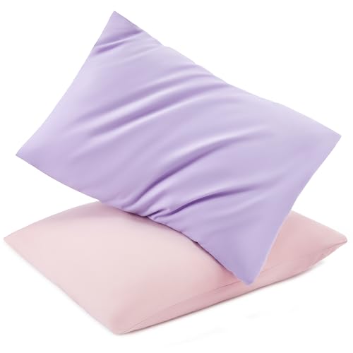 Image of TILLYOU Toddler Pillowcase 2 Pack with Envelope Closure,13" x 18" Silky Soft Microfiber Travel Kids Pillowcase for Boys and Girls,Light Purple & Light Pink