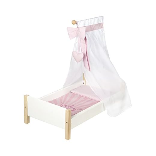 roba Cuna de Muñecas de Madera Scarlett - Incluye Textil Rosa - Manta + Almohada + Dosel - Blanco/Natural