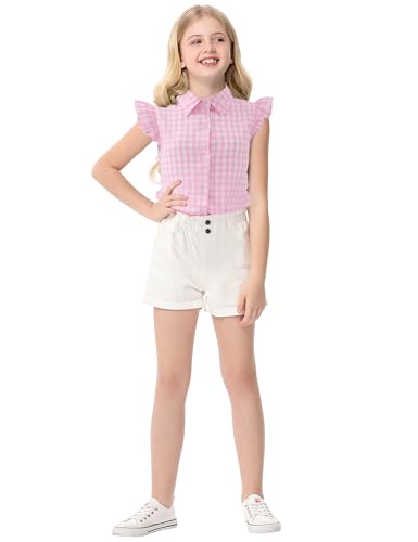 Image of Girls Sleeveless Plaid Button Down Shirt Summer Crop Tops Tie Knot Ruffle Sleeve Shirt Blouse 3-12Y