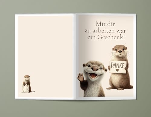 WBdesignz Abschiedskarte mit Ottern mit Umschlag - „Mit dir zu arbeiten war ein Geschenk!“ - Dankeskarte für Kollegen - zum Arbeitsabschied, Teamwechsel oder Jobwechsel - Mit Herz & Humor (DIN A6)